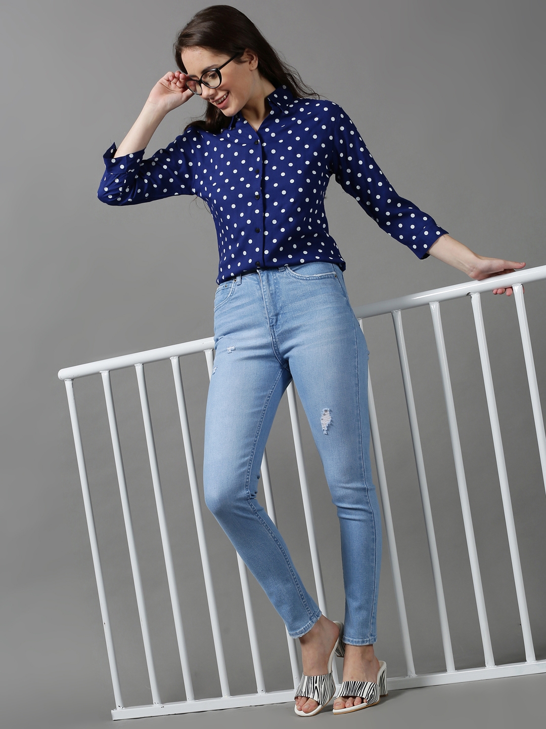 Women's Blue Cotton Printed Casual Shirts