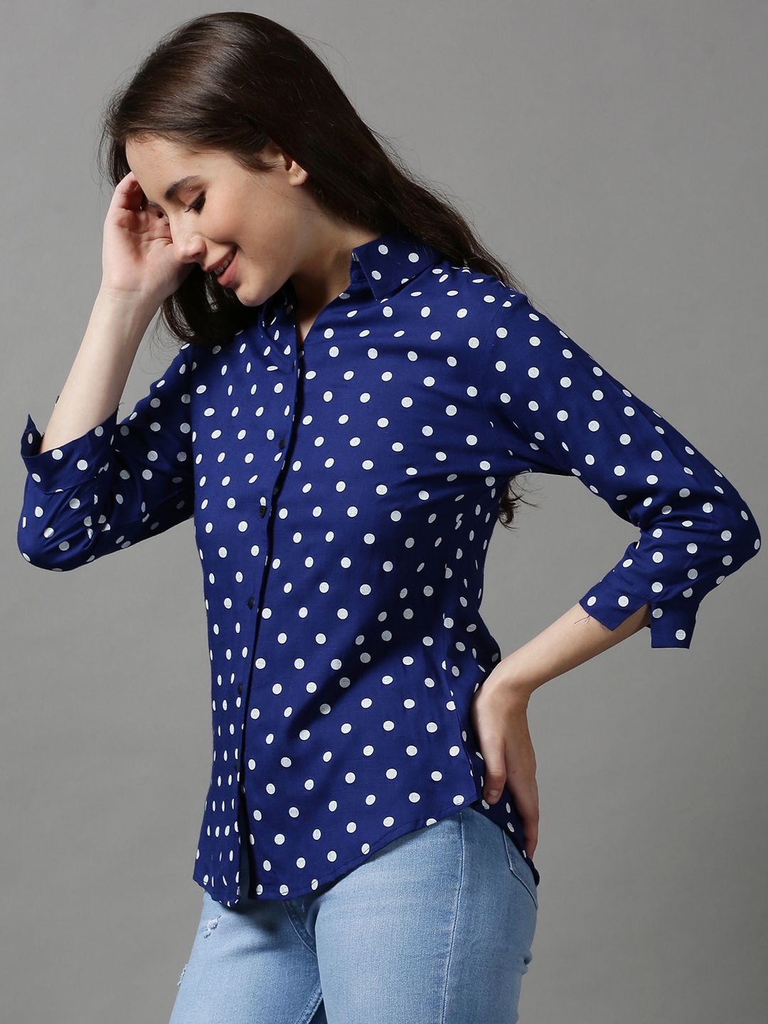 Women's Blue Cotton Printed Casual Shirts