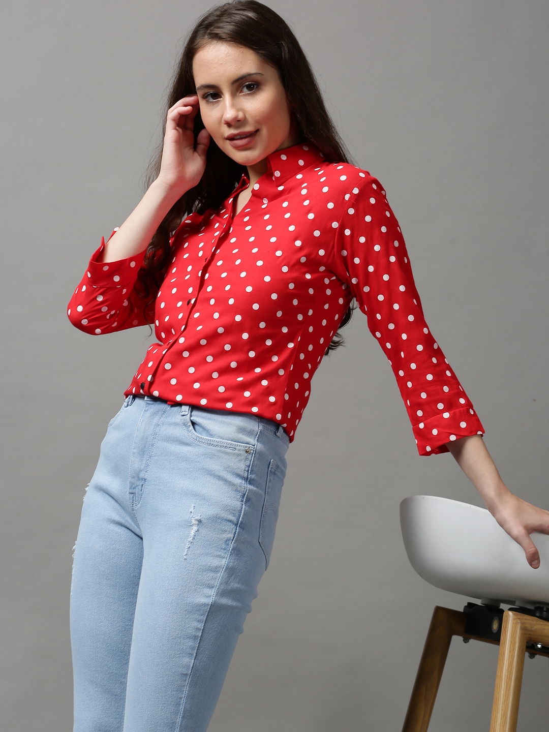 Women's Red Cotton Printed Casual Shirts