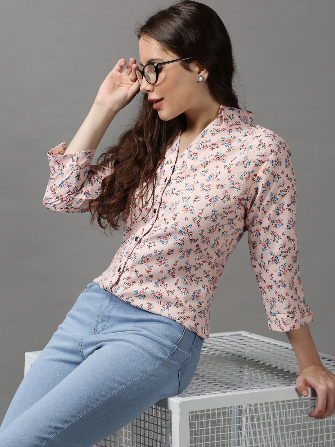 SHOWOFF Women's Spread Collar Printed Peach Polyester Shirt