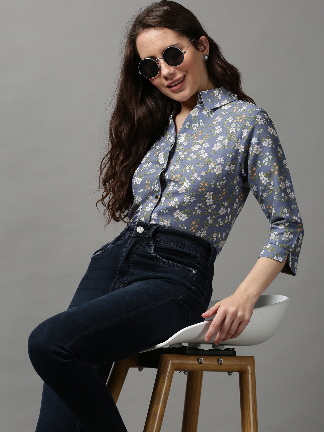 SHOWOFF Women's Spread Collar Printed Blue Polyester Shirt