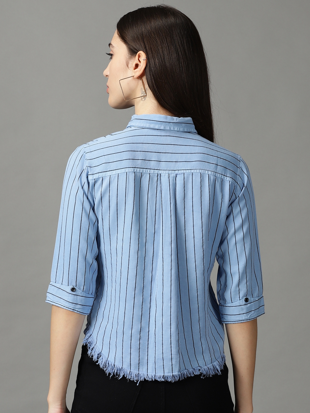 Women's Blue Polyester Striped Casual Shirts