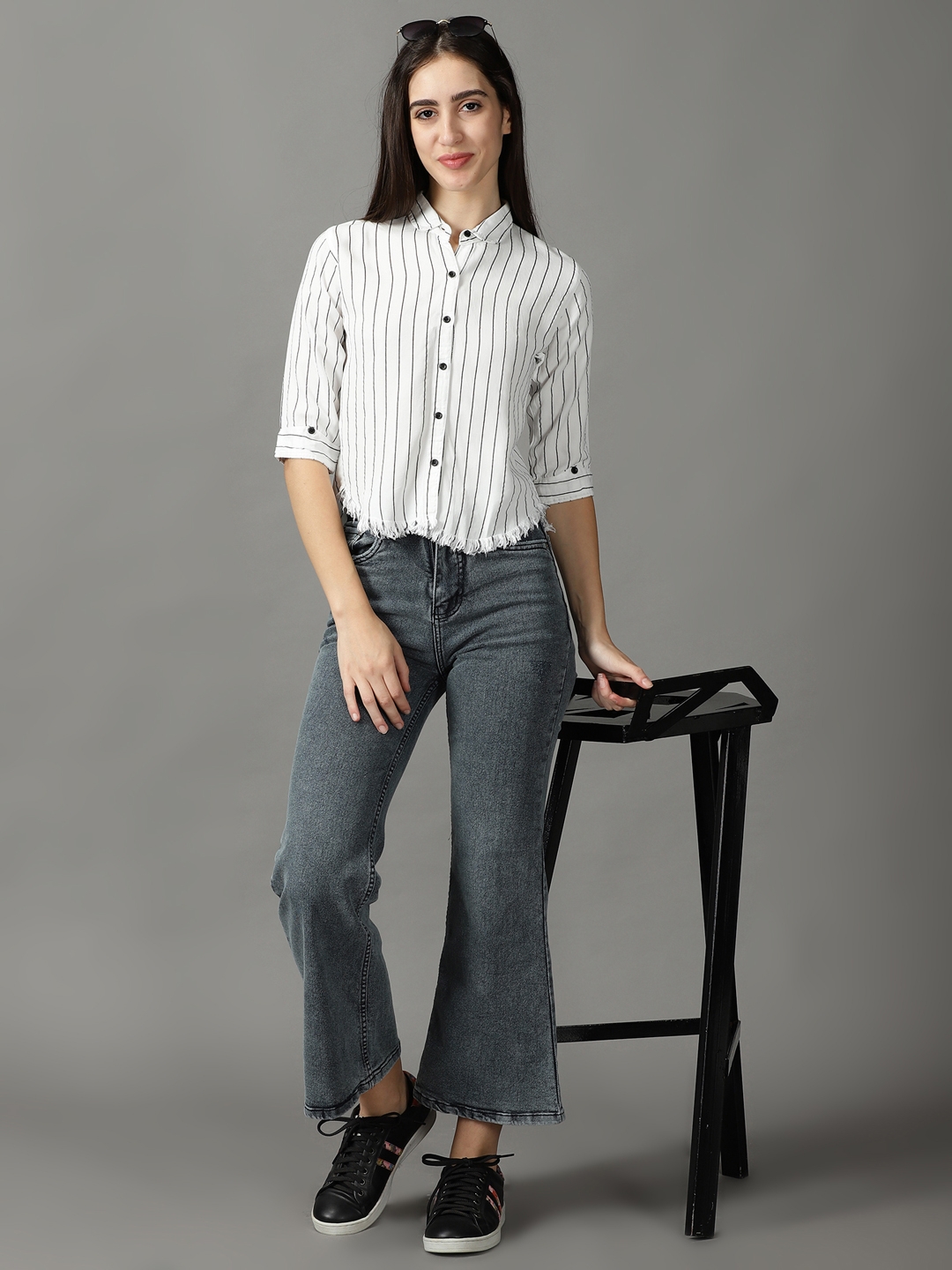 Women's White Polyester Striped Casual Shirts