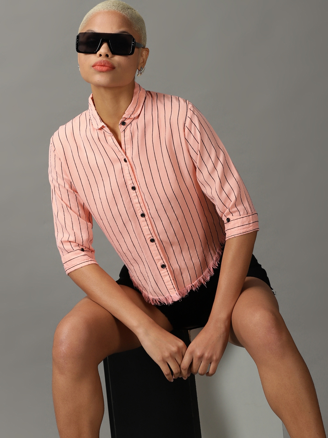 Women's Pink Polyester Striped Casual Shirts
