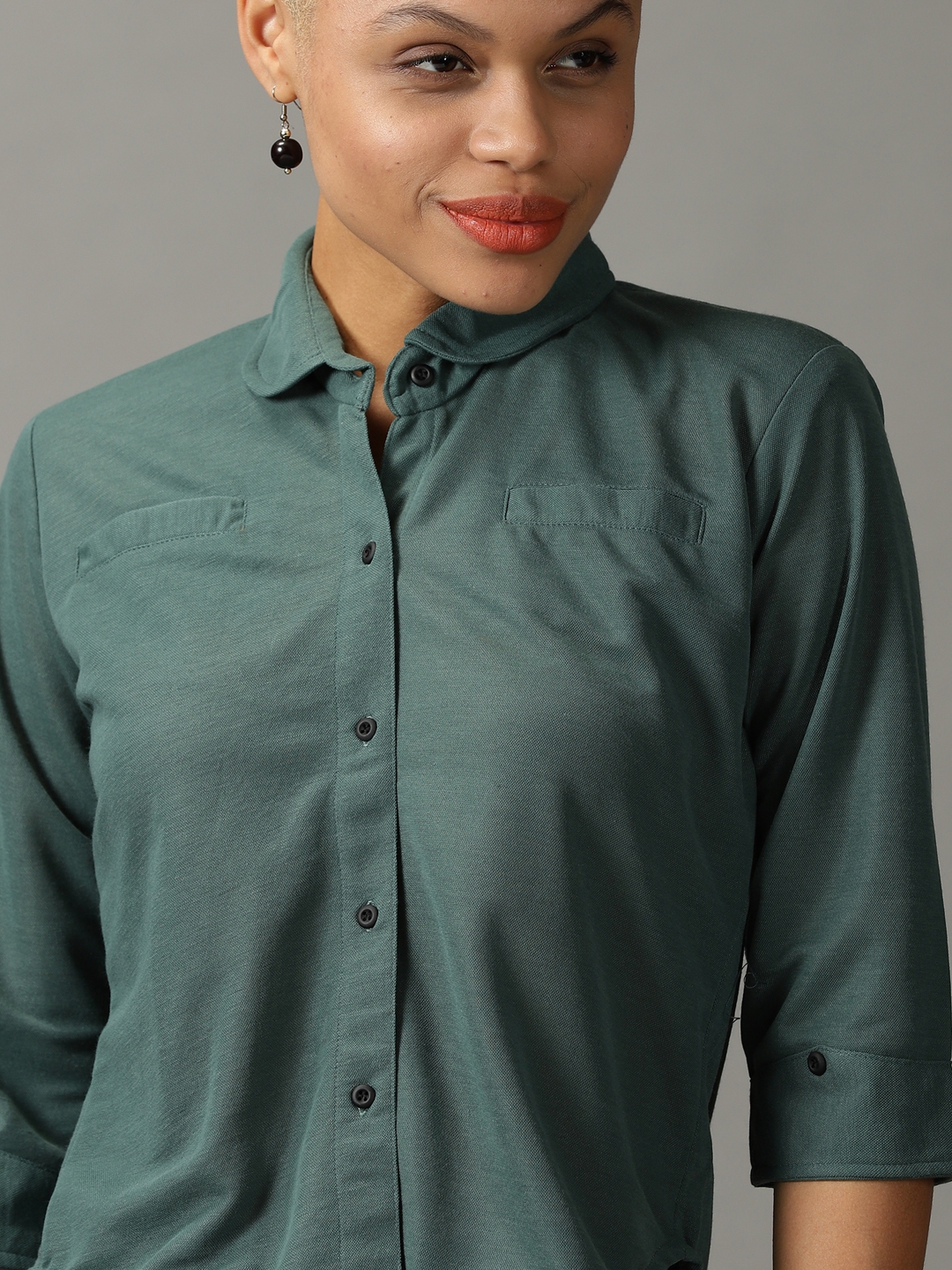 Women's Green Polyester Solid Casual Shirts