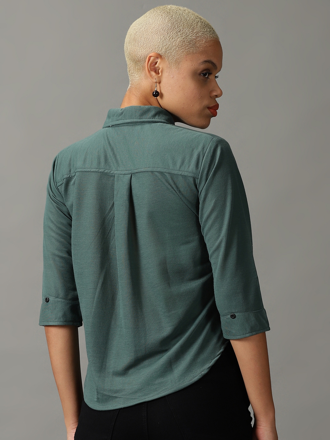 Women's Green Polyester Solid Casual Shirts