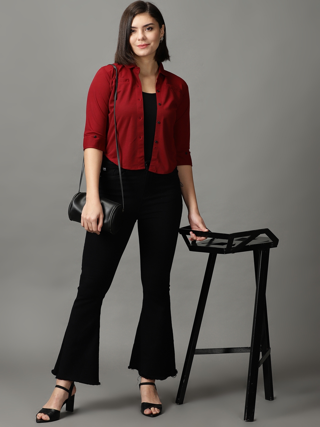 Women's Red Polyester Solid Casual Shirts