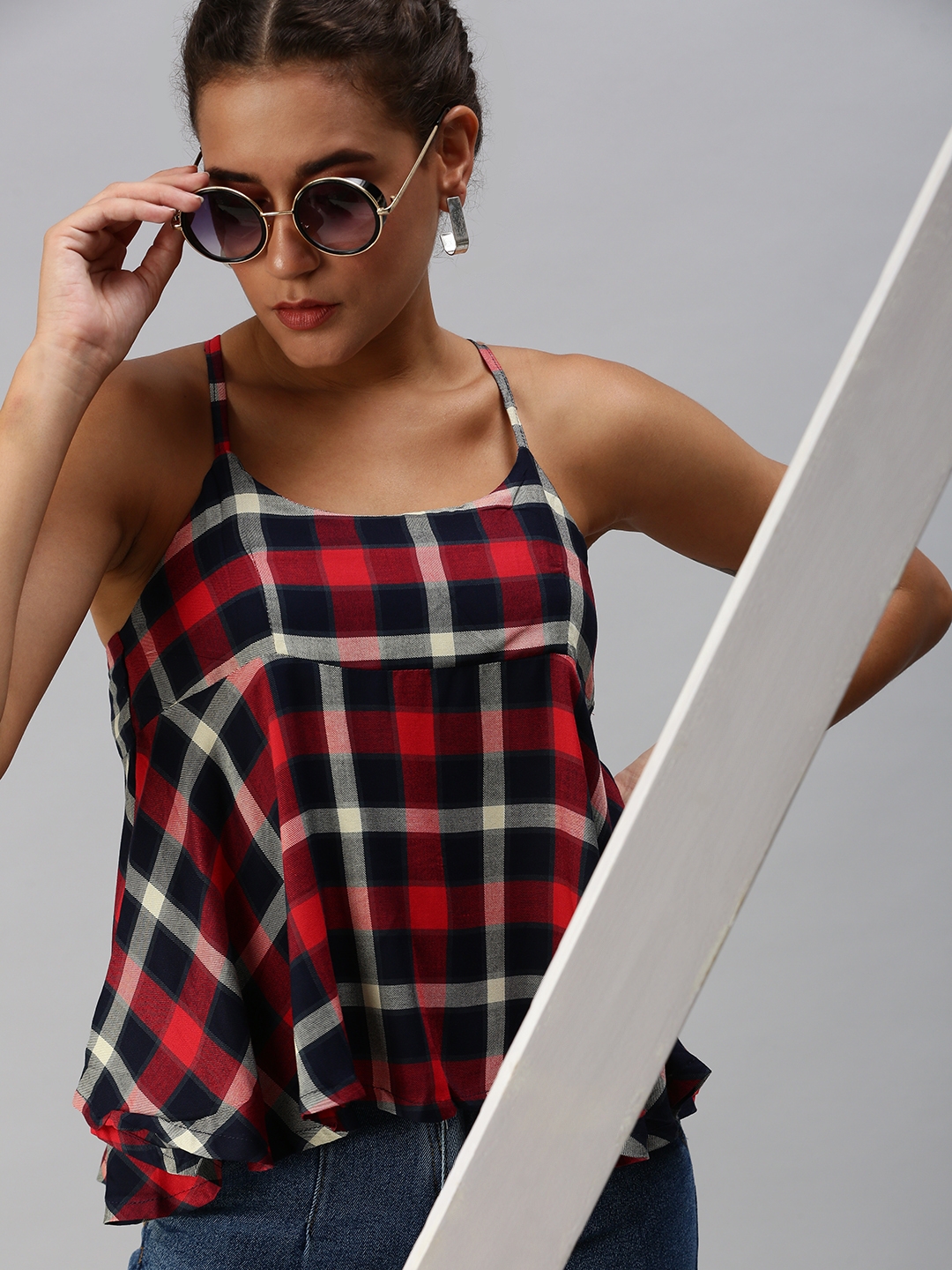 Women's Red Cotton Blend Checked Tops