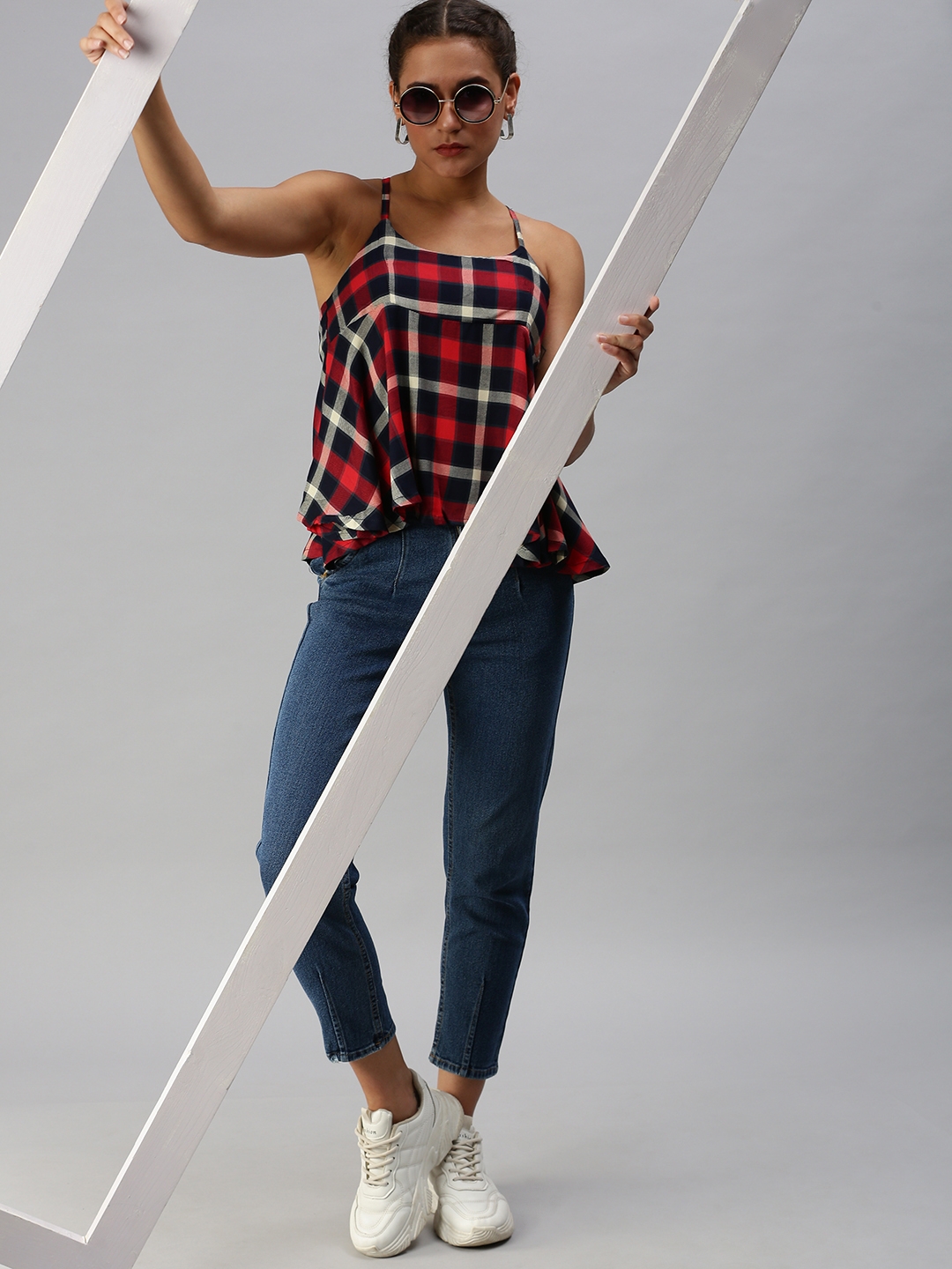 Women's Red Cotton Blend Checked Tops
