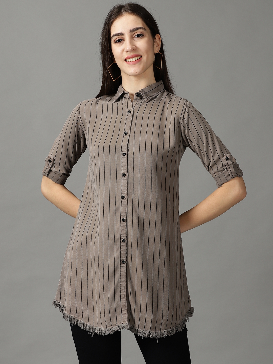 Women's Grey Cotton Striped Casual Shirts