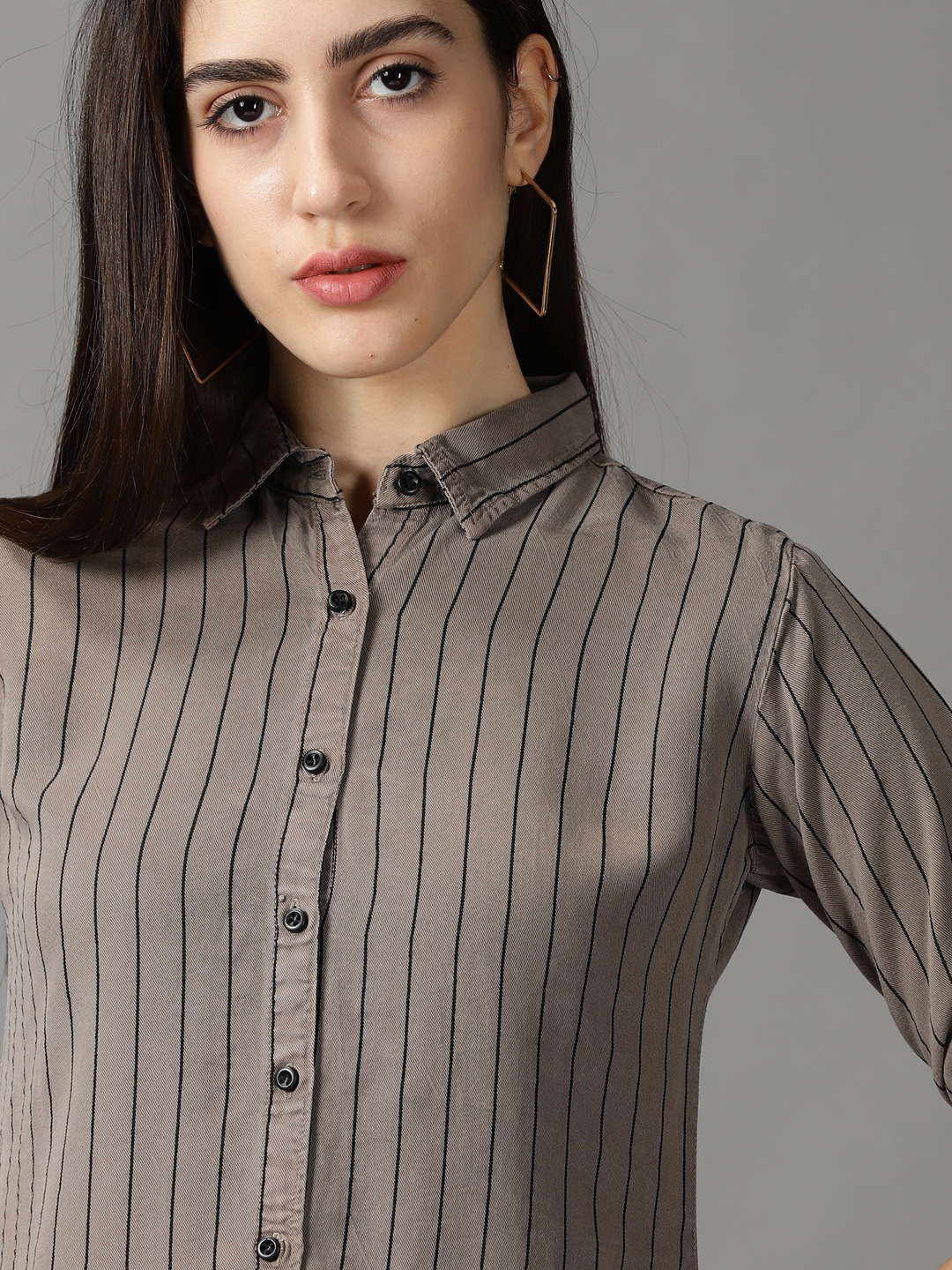 Women's Grey Cotton Striped Casual Shirts