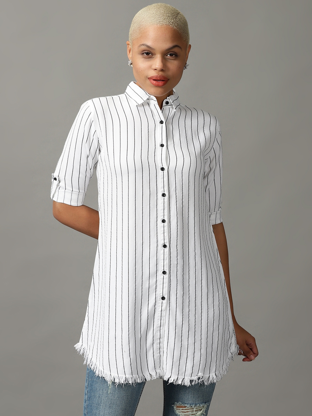 Women's White Cotton Striped Casual Shirts