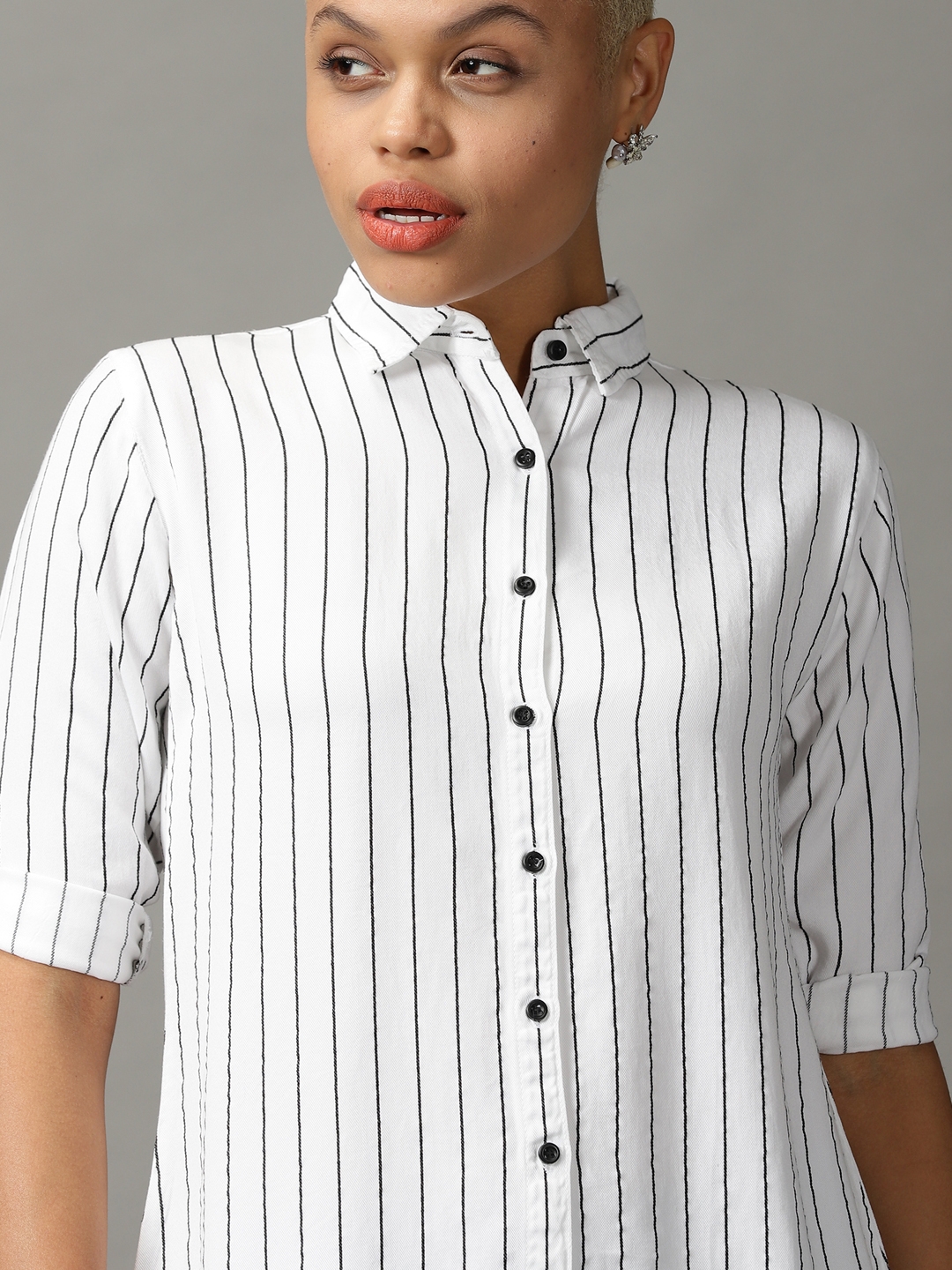Women's White Cotton Striped Casual Shirts