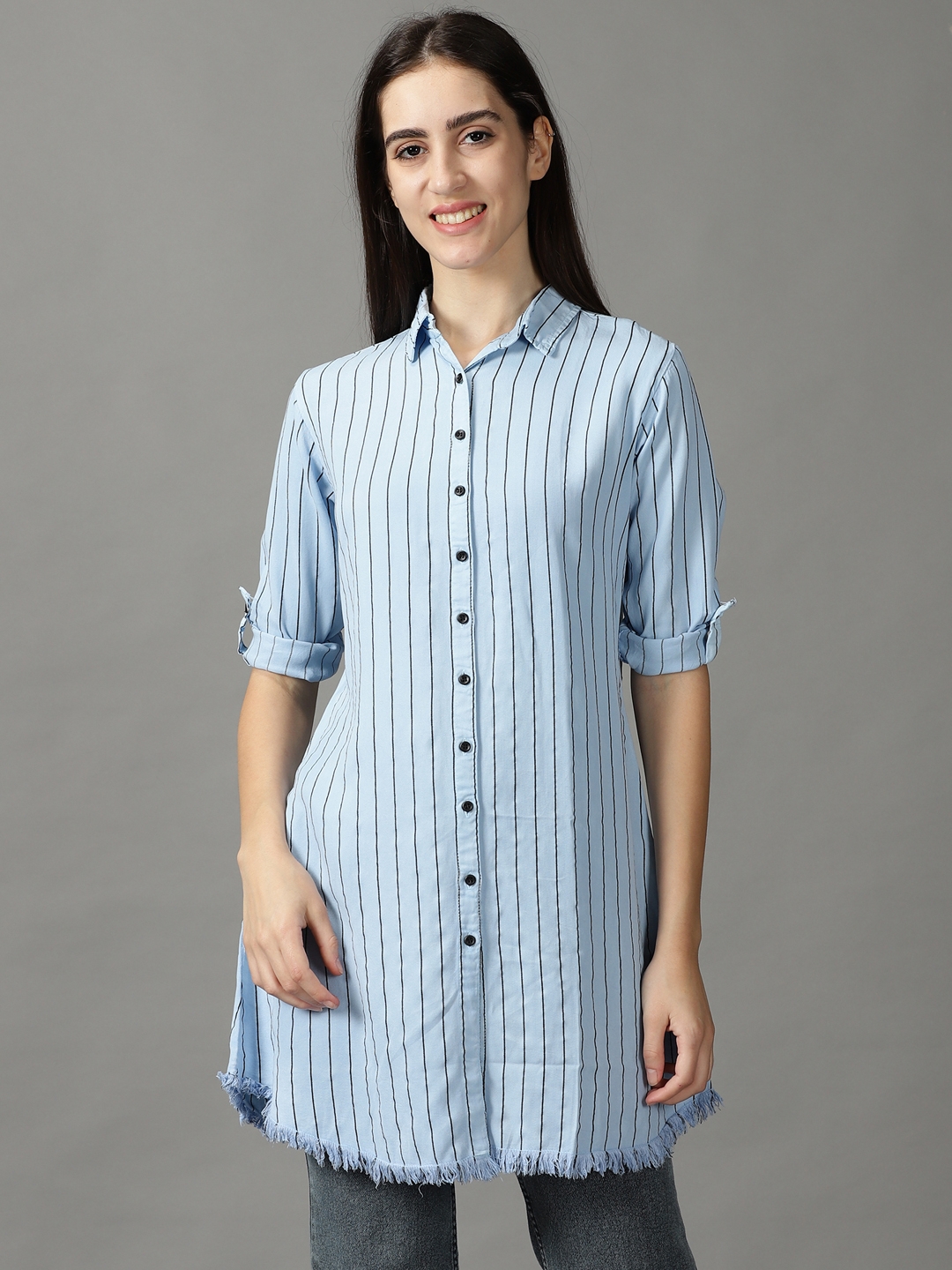 Women's Blue Polyester Striped Casual Shirts