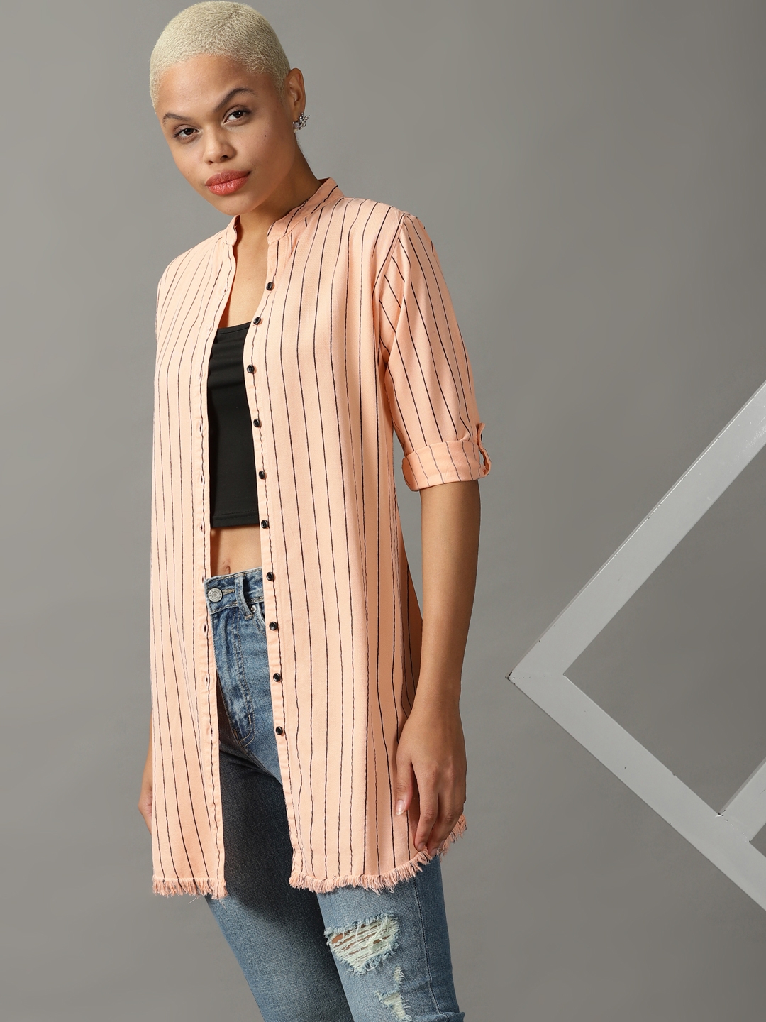 Women's Pink Polyester Striped Casual Shirts