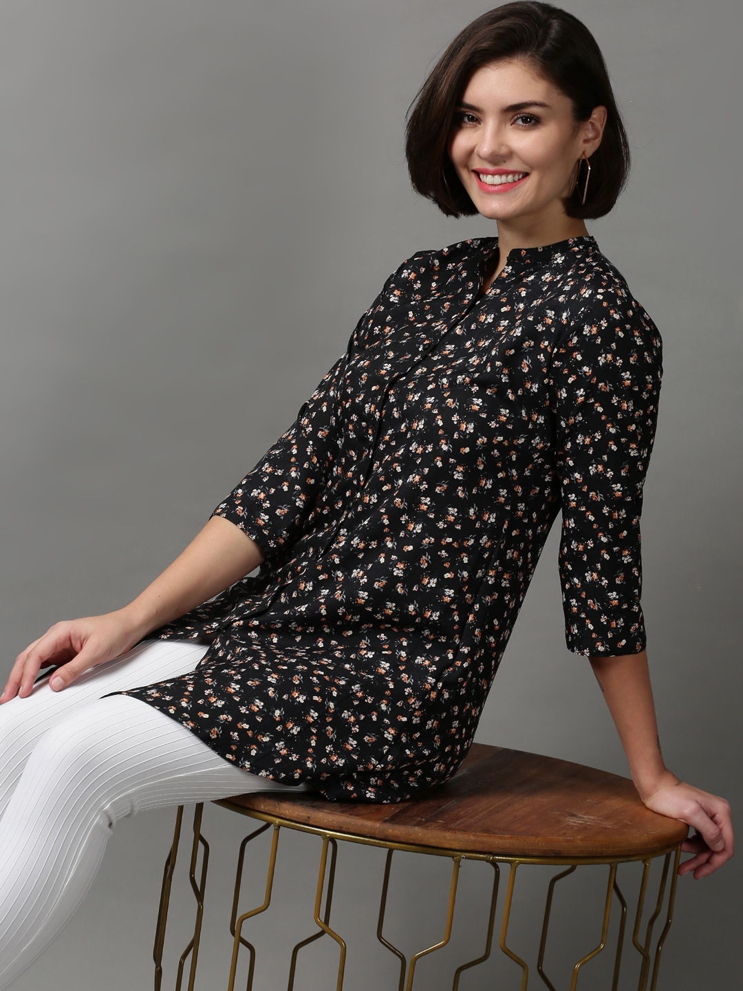 SHOWOFF Women's Mandarin Collar Printed Black Polyester Shirt