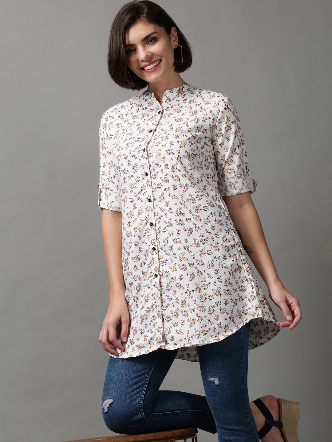 Women's White Polyester Printed Casual Shirts