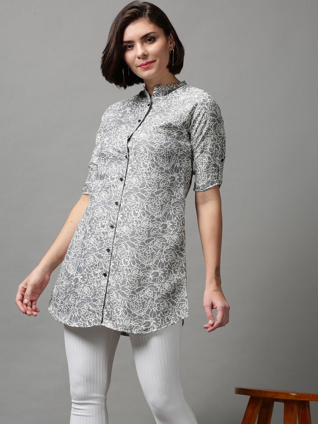 SHOWOFF Women's Mandarin Collar Printed Grey Polycotton Shirt