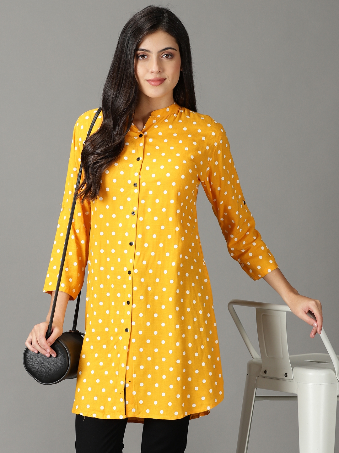 SHOWOFF Women's Mandarin Collar Yellow Printed Shirt