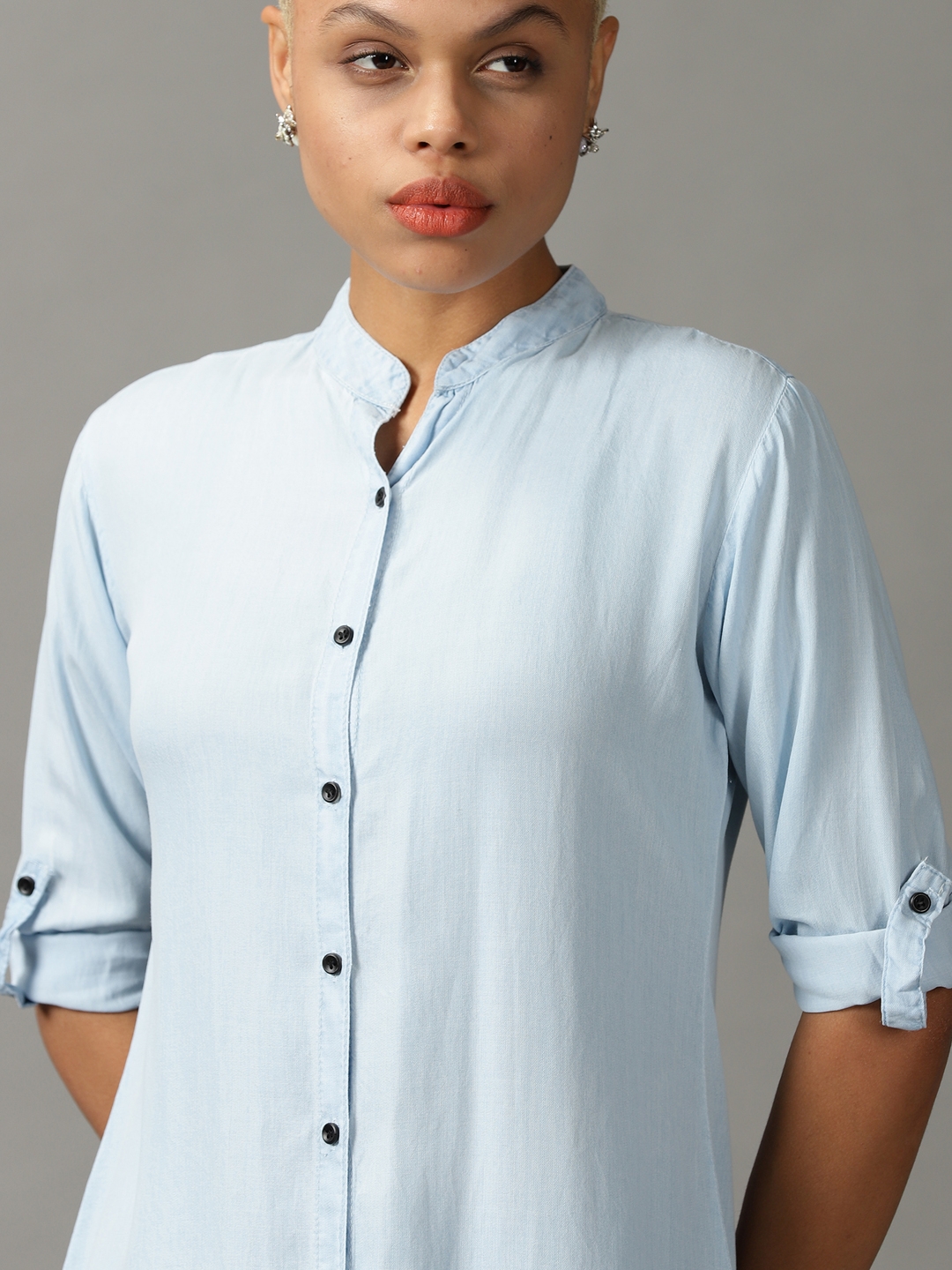 Women's Blue Cotton Solid Casual Shirts