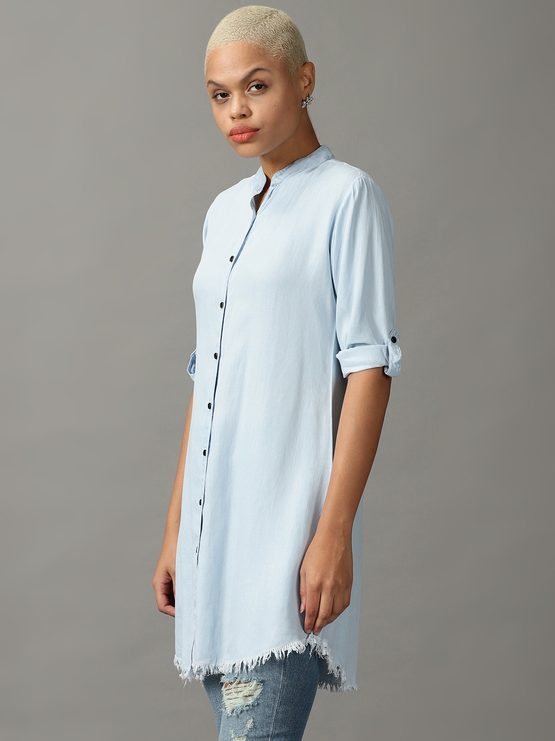 Women's Blue Cotton Solid Casual Shirts