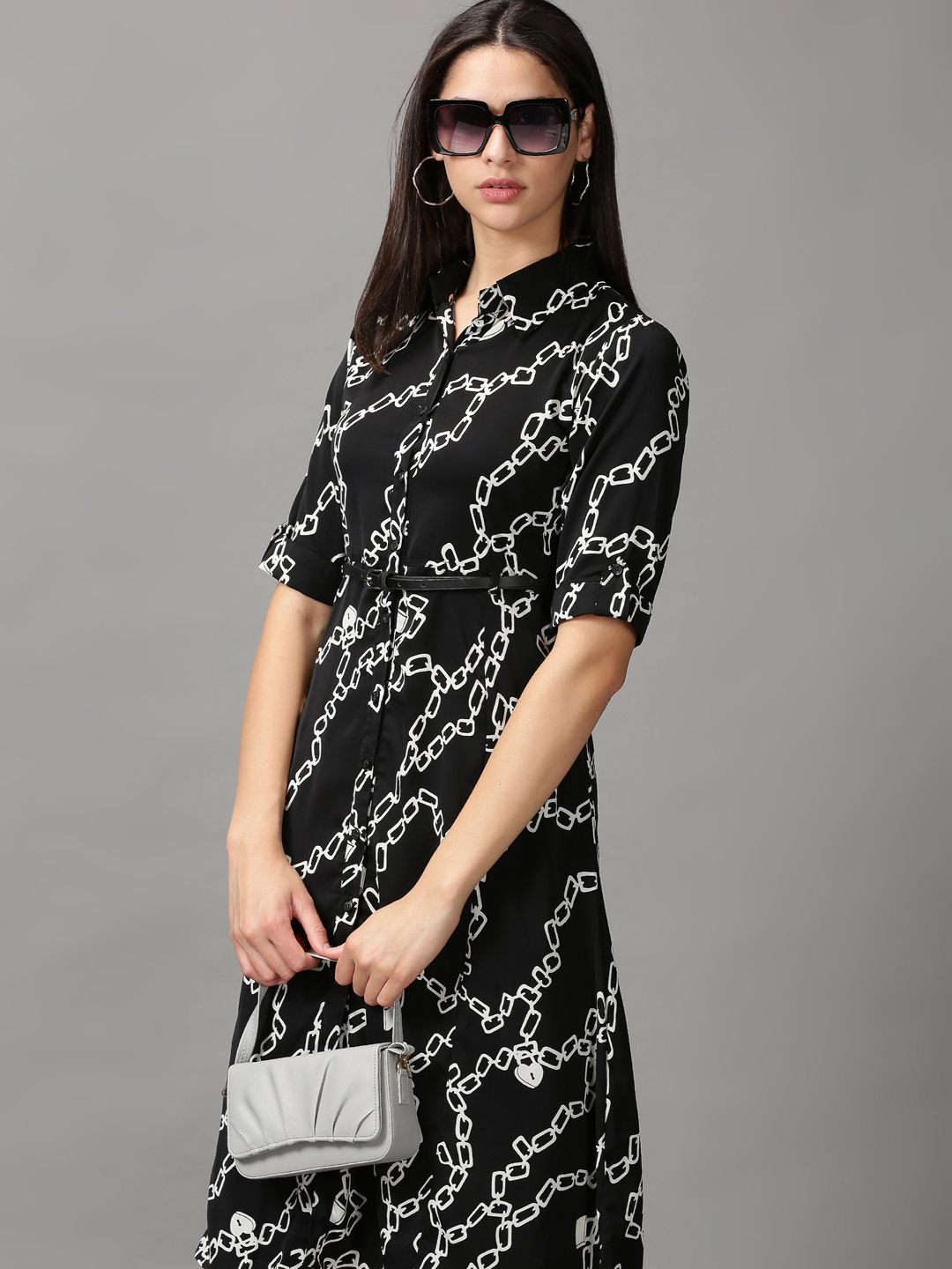 Women's Black Polyester Printed Dresses