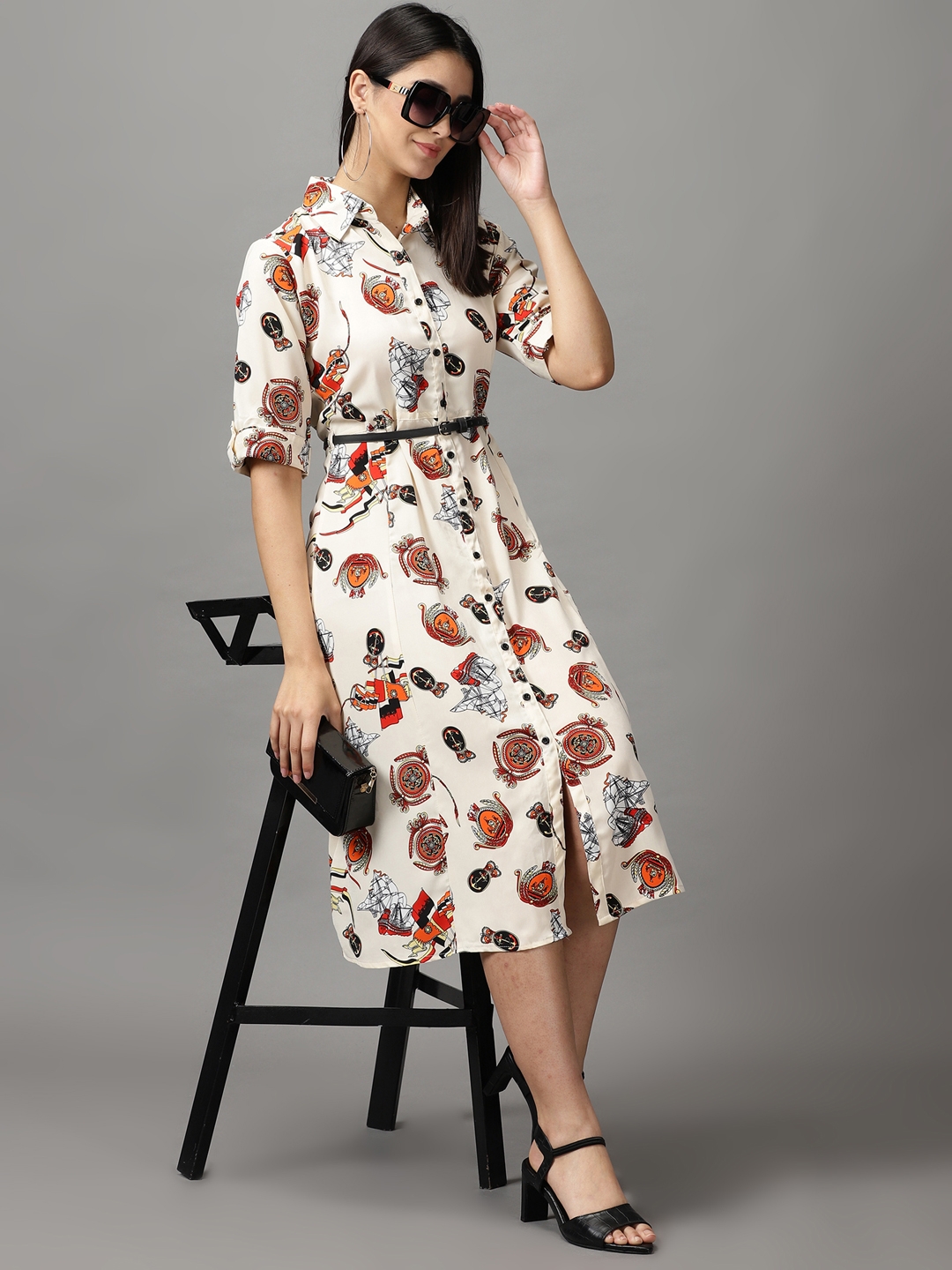 Women's Beige Polyester Printed Dresses