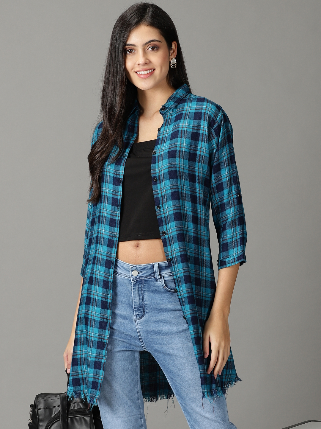 SHOWOFF Women's Spread Collar Teal Checked Shirt