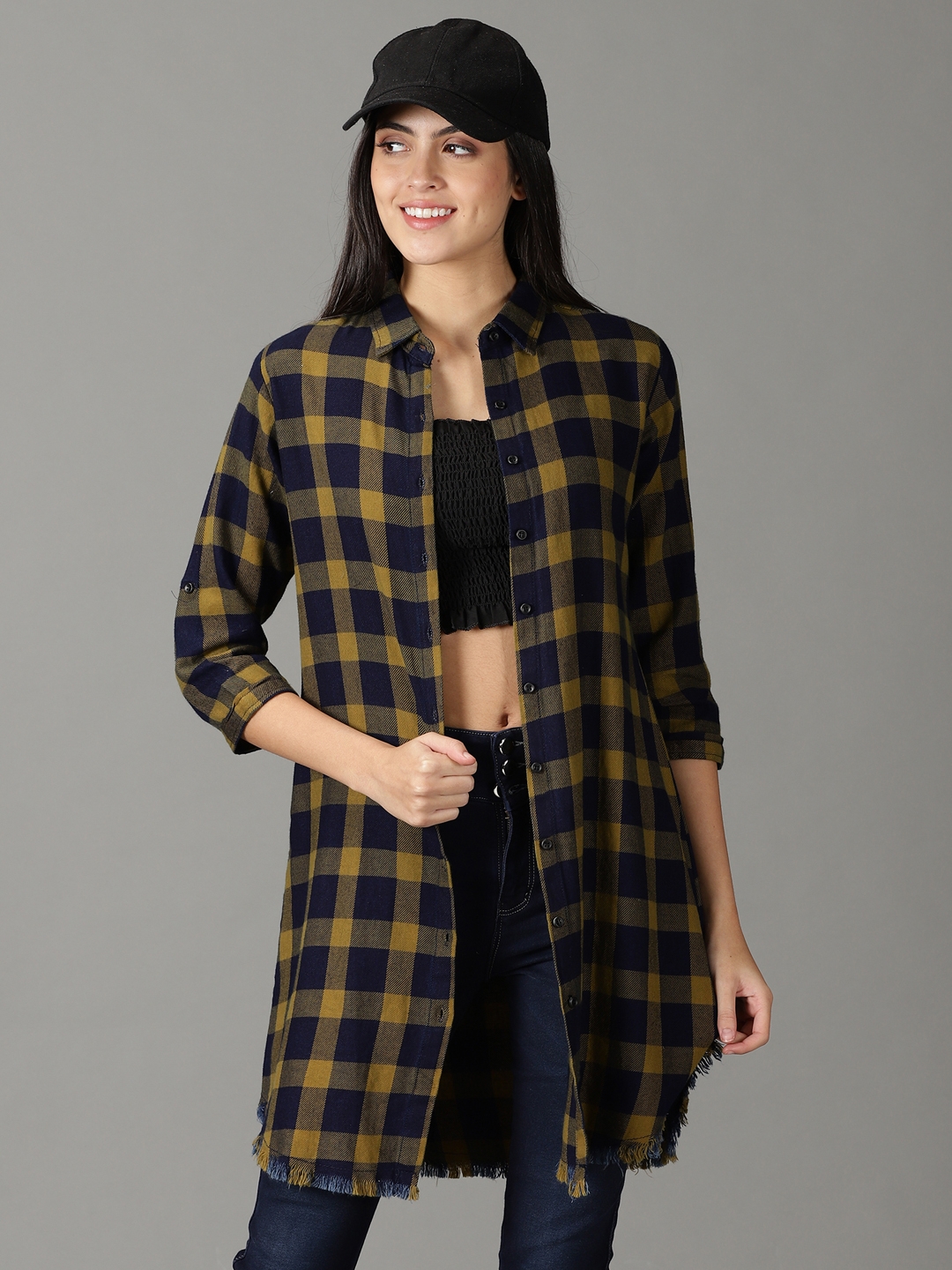 SHOWOFF Women's Spread Collar Olive Checked Shirt