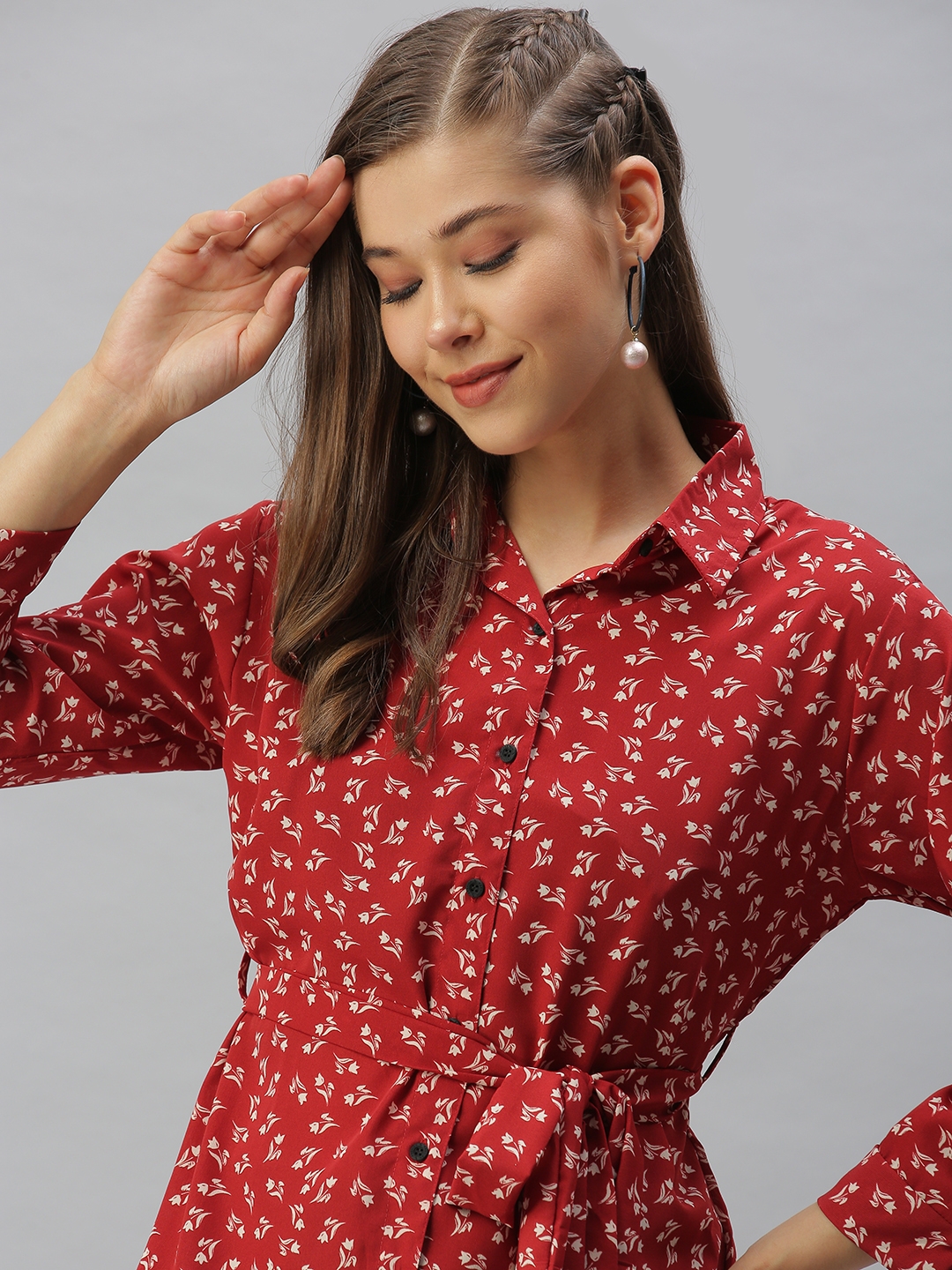 SHOWOFF Women's Slim Fit Regular Sleeves Red Floral Shirt