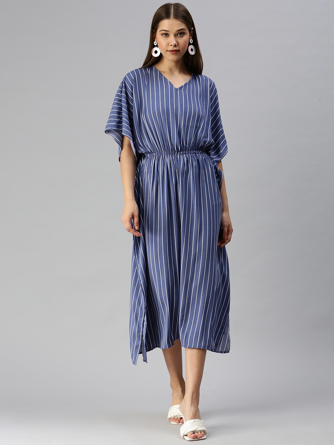 Women's Blue Polyester Striped Dresses