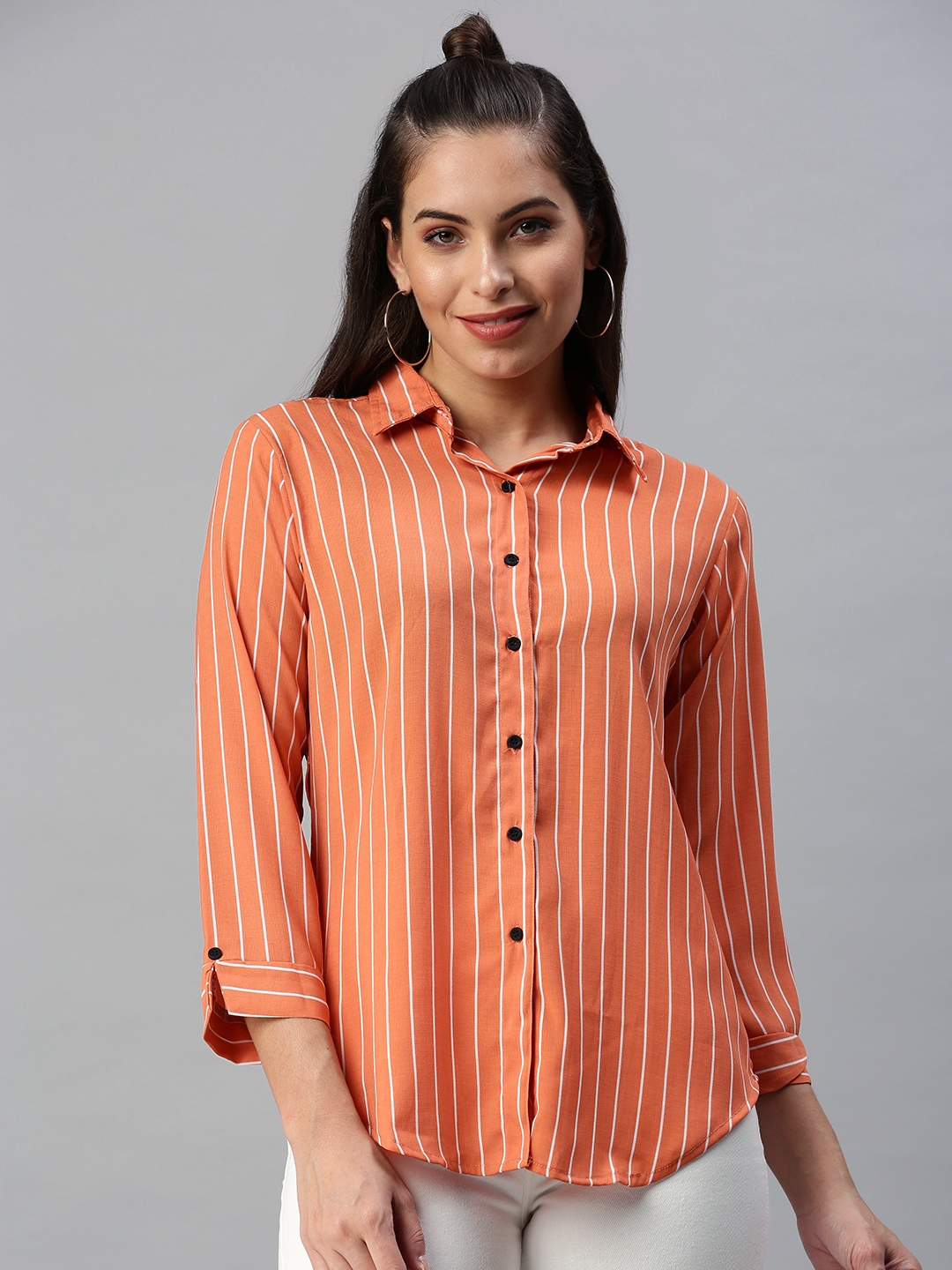 Women's Orange Polyester Striped Casual Shirts