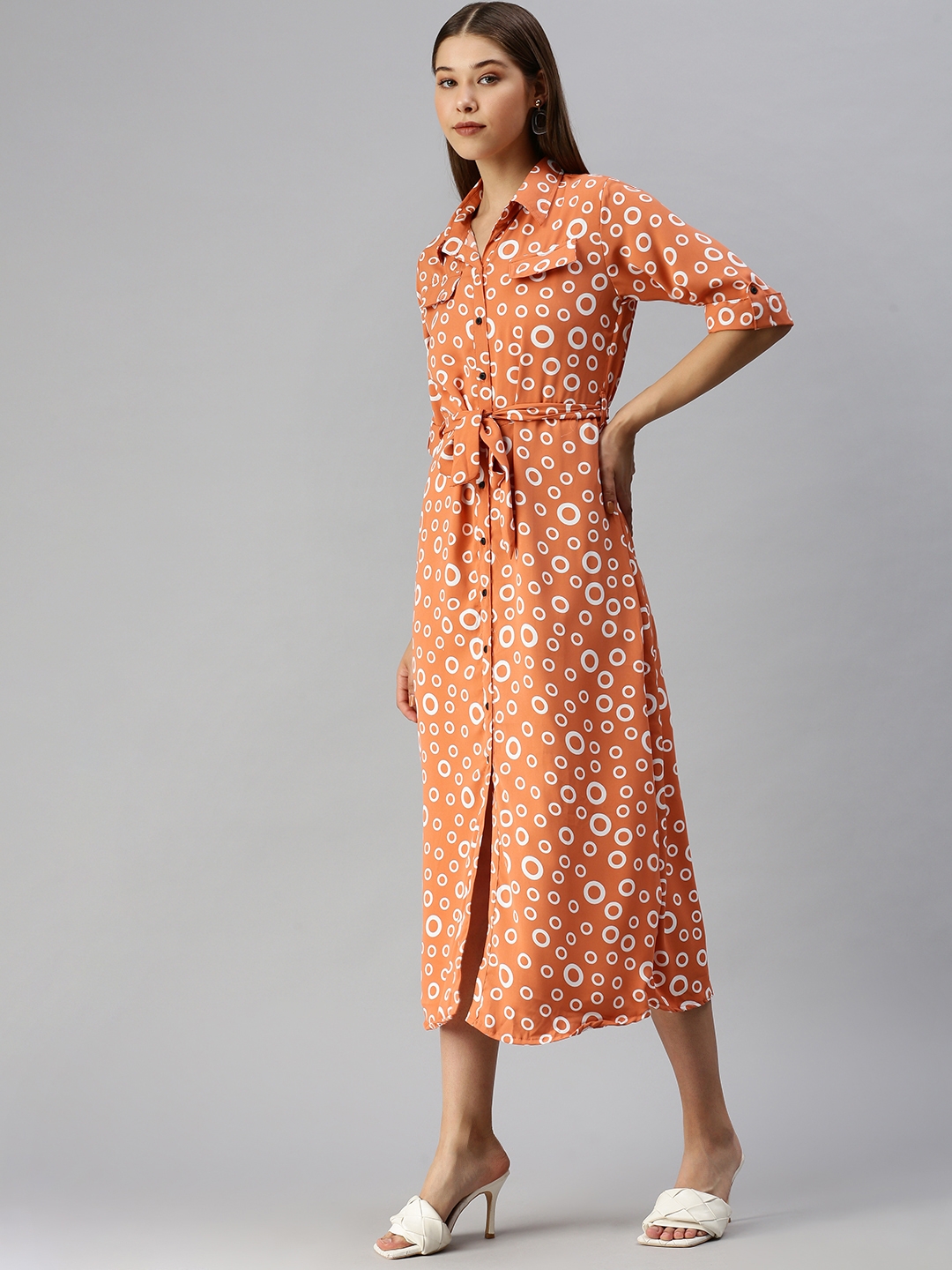 Women's Orange Polyester Printed Dresses