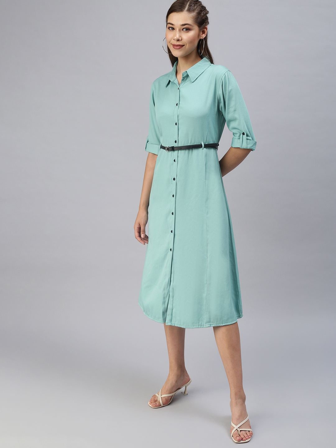 Women's Green Cotton Solid Dresses
