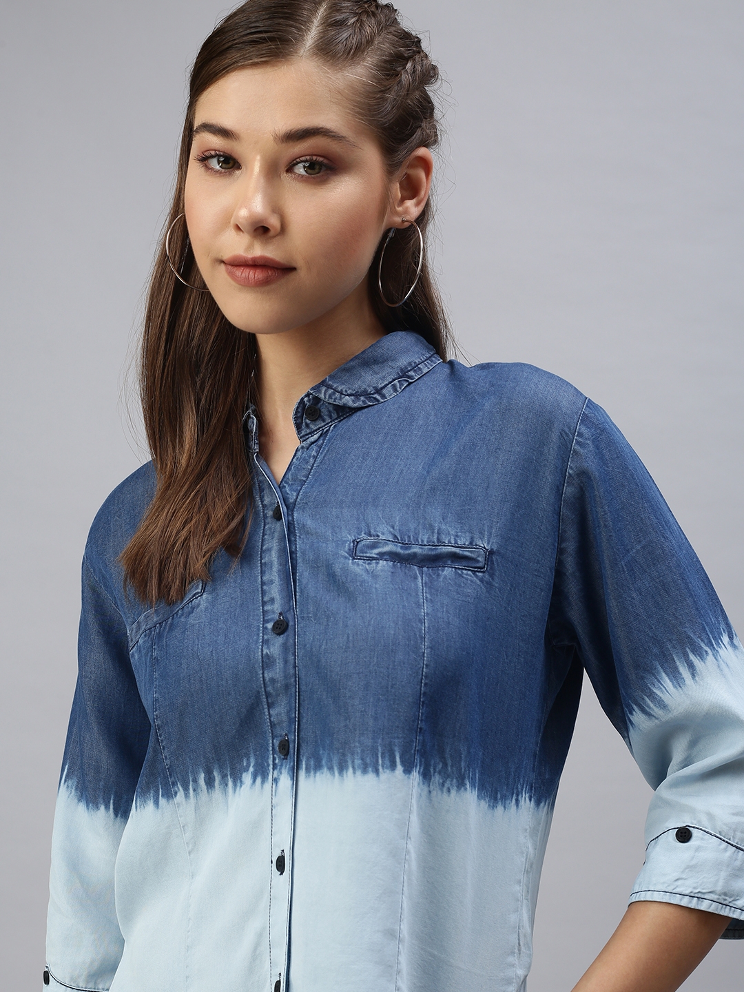 Women's Blue Cotton Blend Tie Dye Casual Shirts