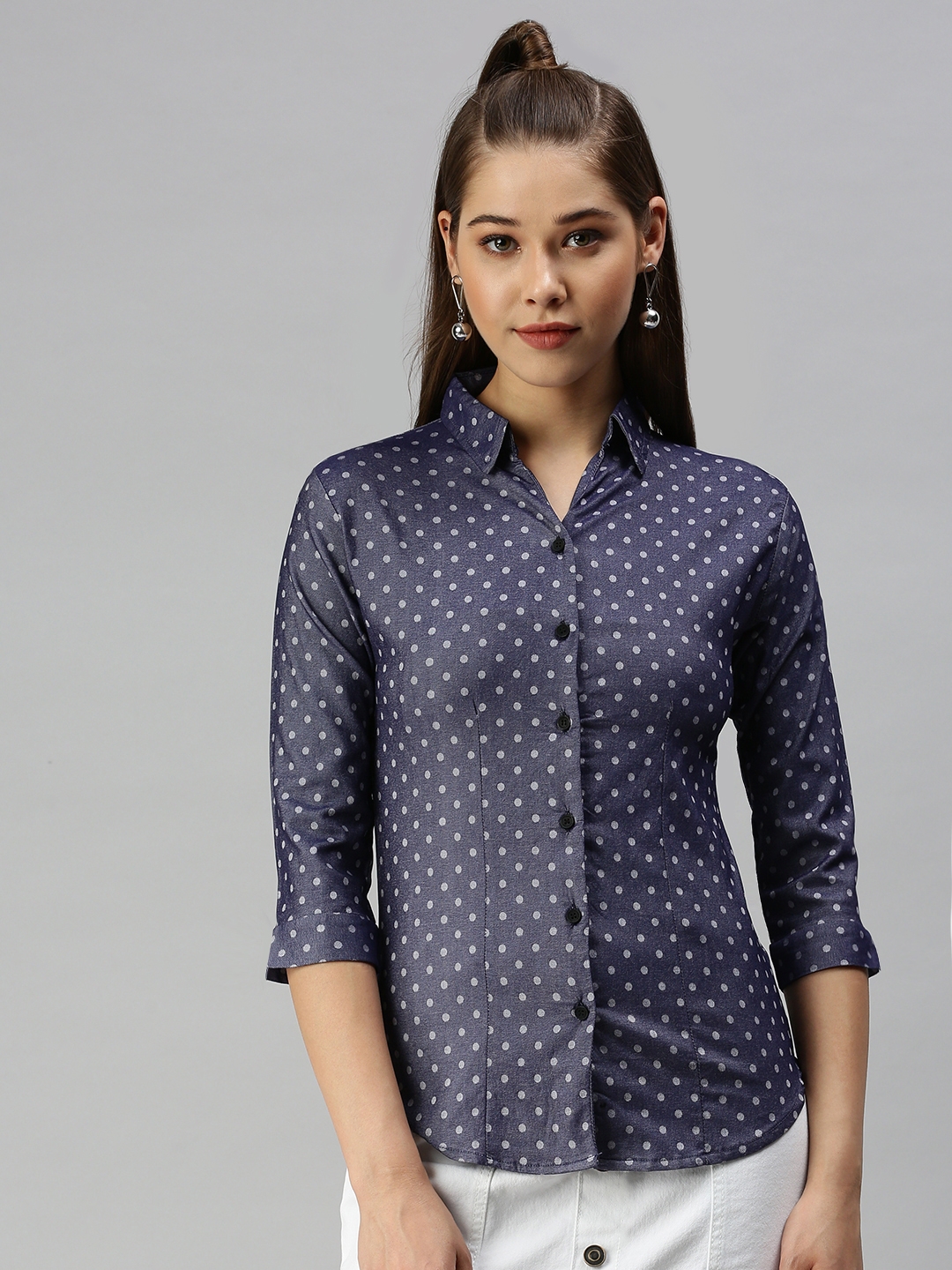 SHOWOFF Women's Skinny Fit Regular Sleeves Navy Blue Polka Dots Shirt