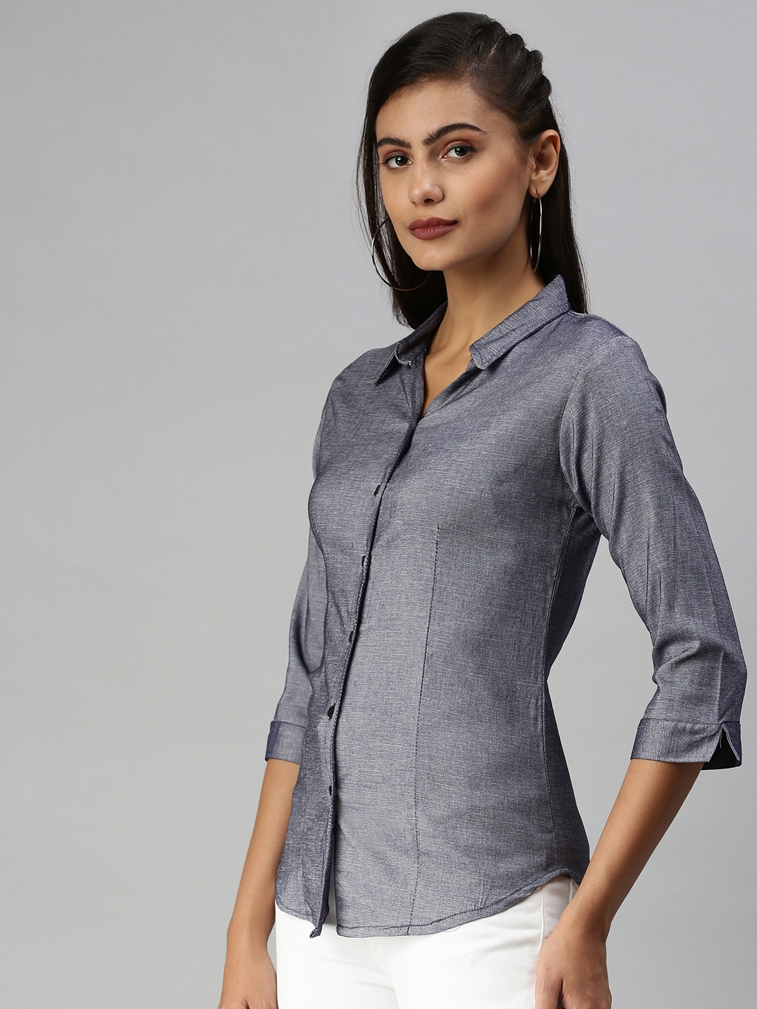 Women's Blue Polyester Solid Casual Shirts