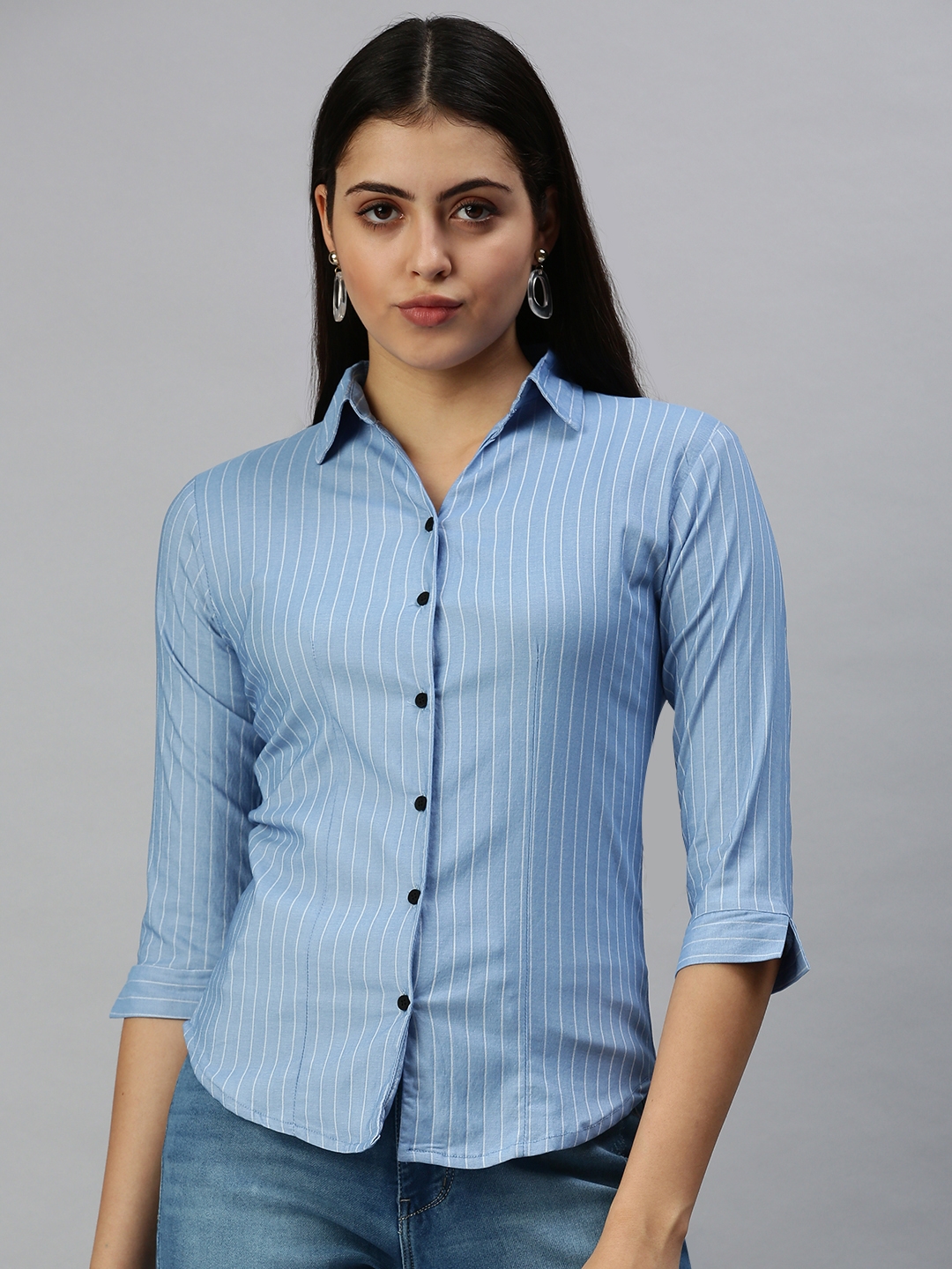 SHOWOFF Women's Skinny Fit Regular Sleeves Blue Vertical Stripes Shirt