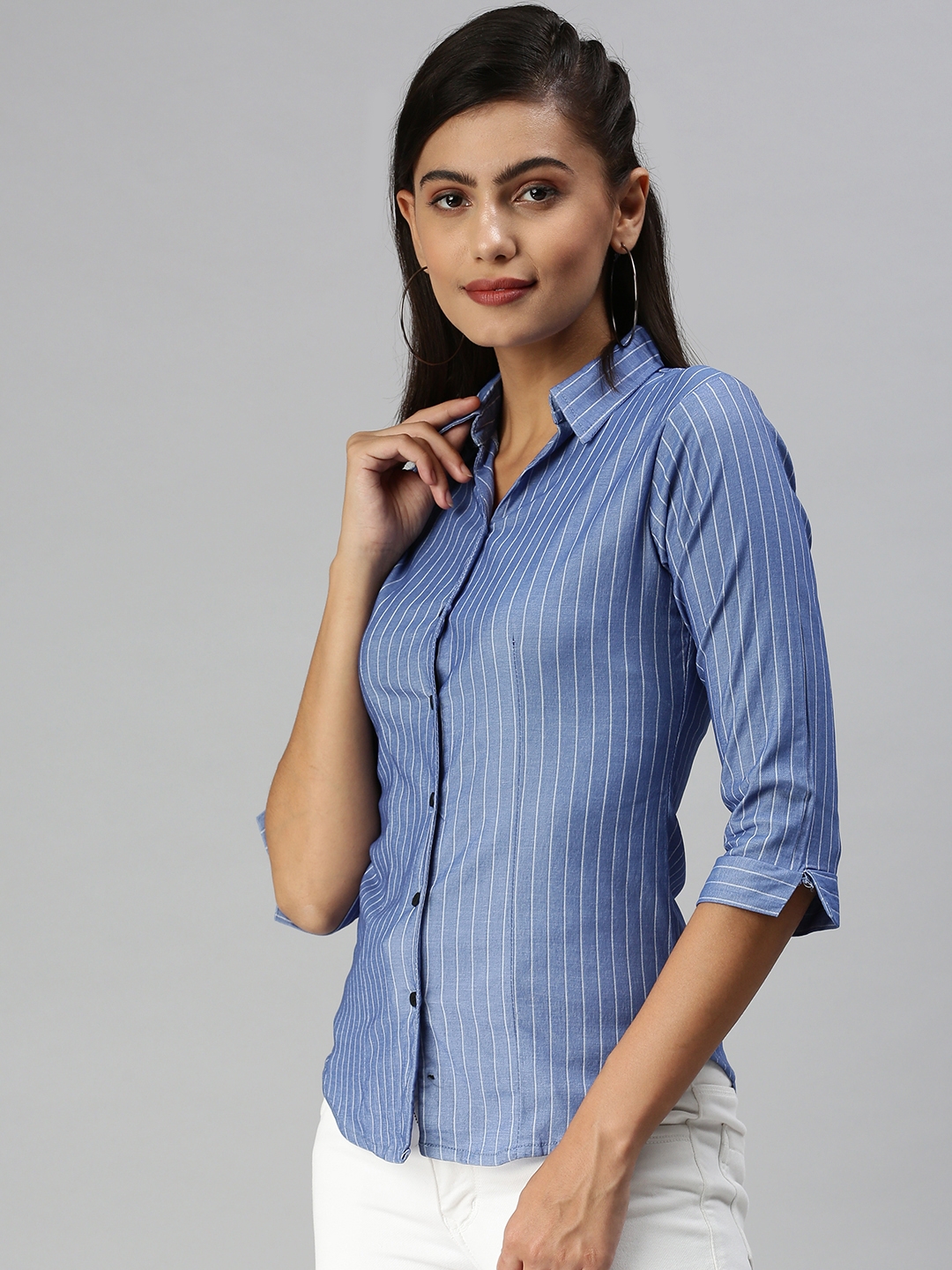 Women's Blue Polyester Printed Casual Shirts