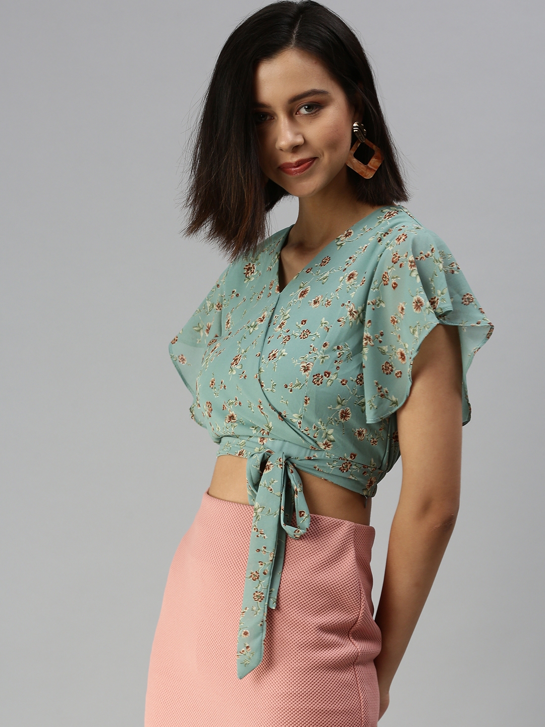 Women's Green Polyester Floral Tops