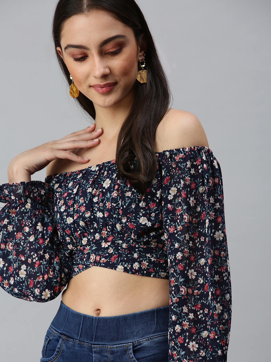 Showoff | SHOWOFF Women's Off-Shoulder Cuffed Sleeves Printed Navy Blue Top