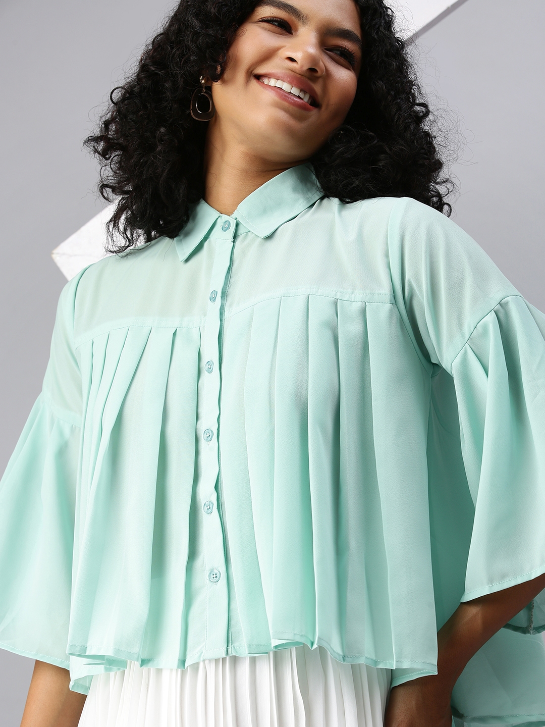 Showoff | SHOWOFF Women's Three-Quarter Sleeves Shirt Collar Sea Green Solid Top