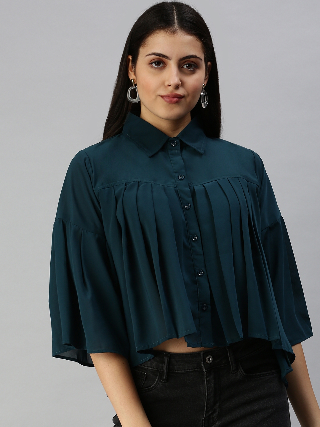 Showoff | SHOWOFF Women's Three-Quarter Sleeves Shirt Collar Teal Solid Top