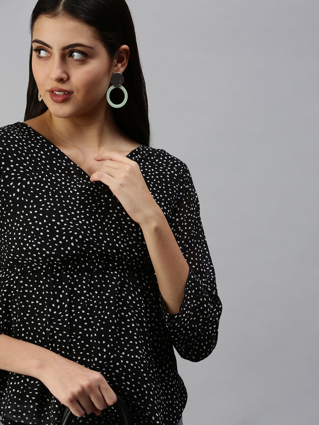 SHOWOFF Women's Long Sleeves V-Neck Black Polka Dots Top
