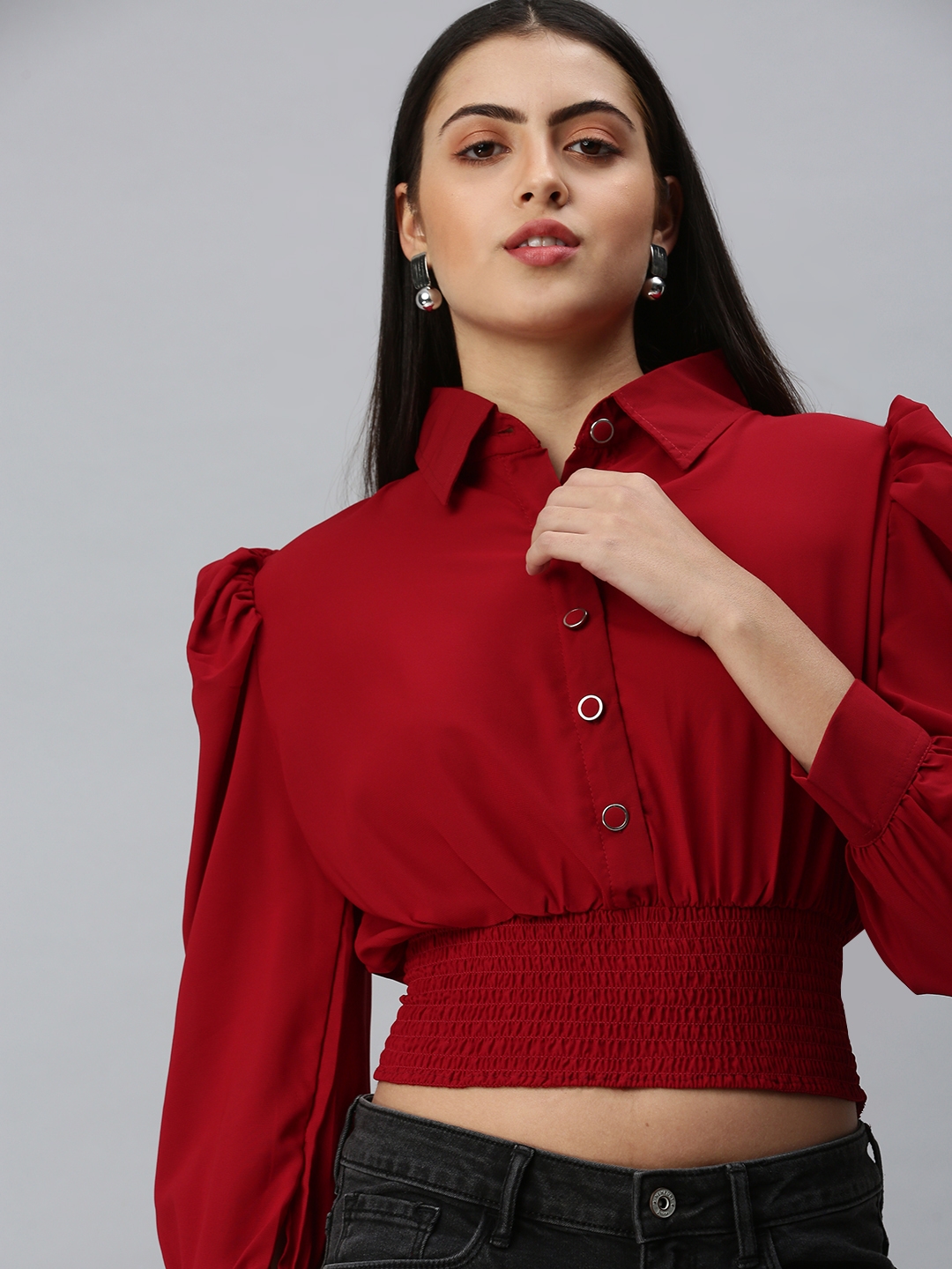 Showoff | SHOWOFF Women's Shirt Collar Regular Sleeves Solid Maroon Top