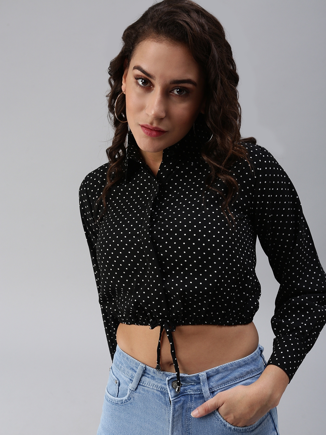 Women's Black Polyester Polka Dots Crop Top