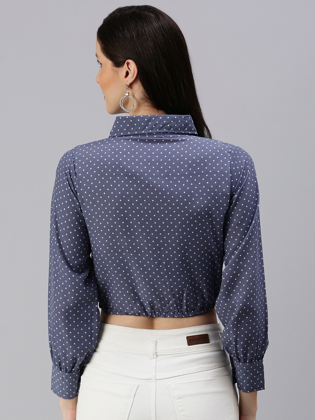 Women's Blue Polyester Polka Dots Crop Top