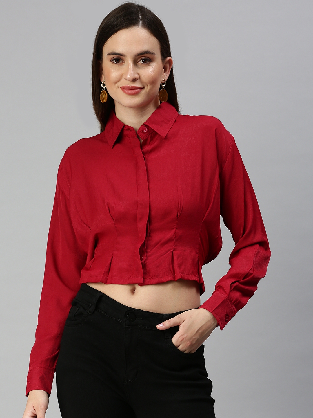 Showoff | SHOWOFF Women's Shirt Collar Solid Red Regular Top