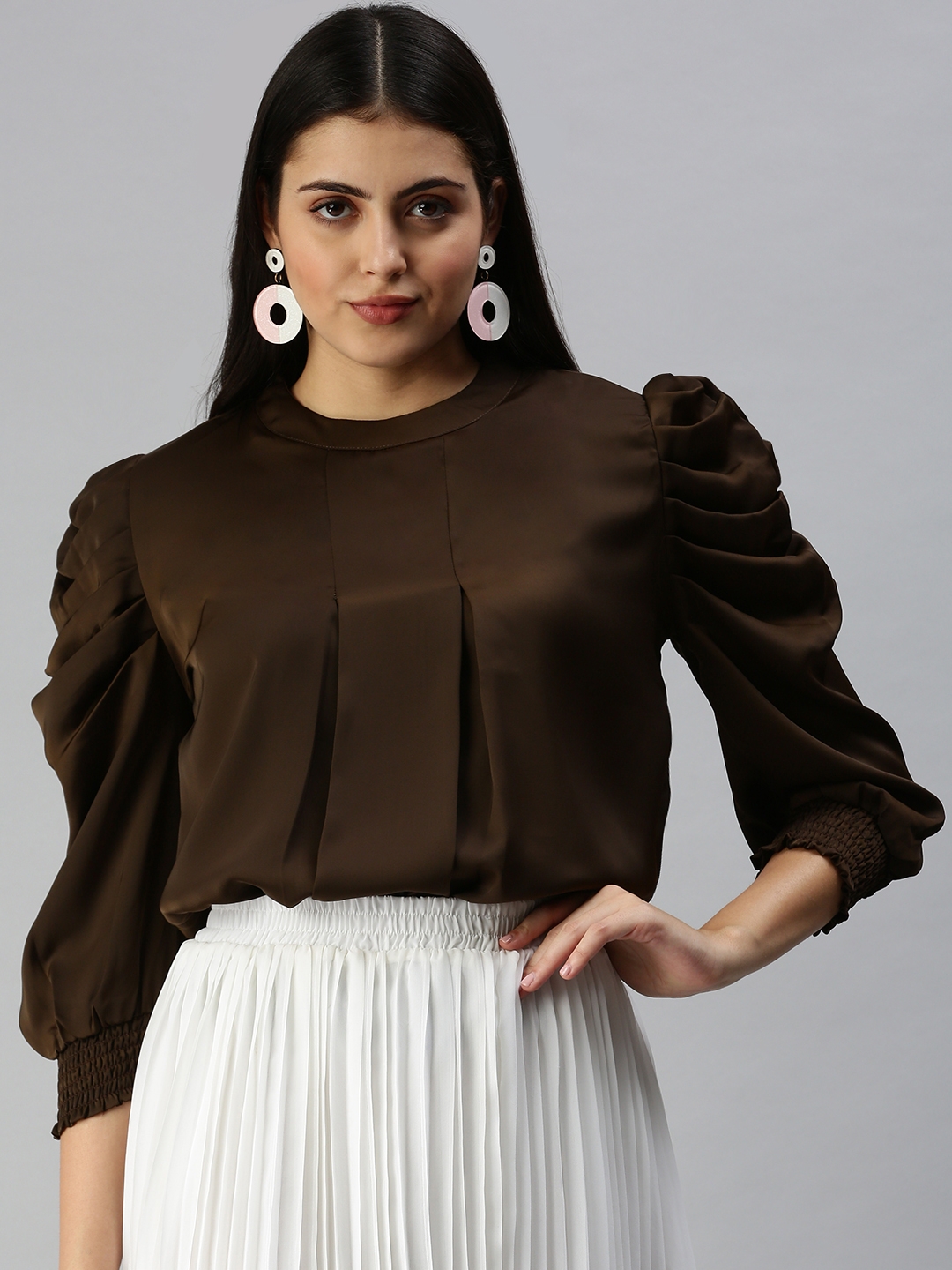 Women's Brown Polyester Solid Tops