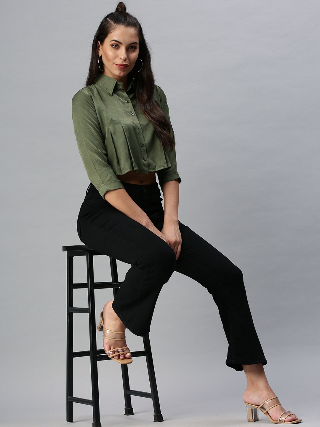 Women's Green Polycotton Solid Casual Shirts